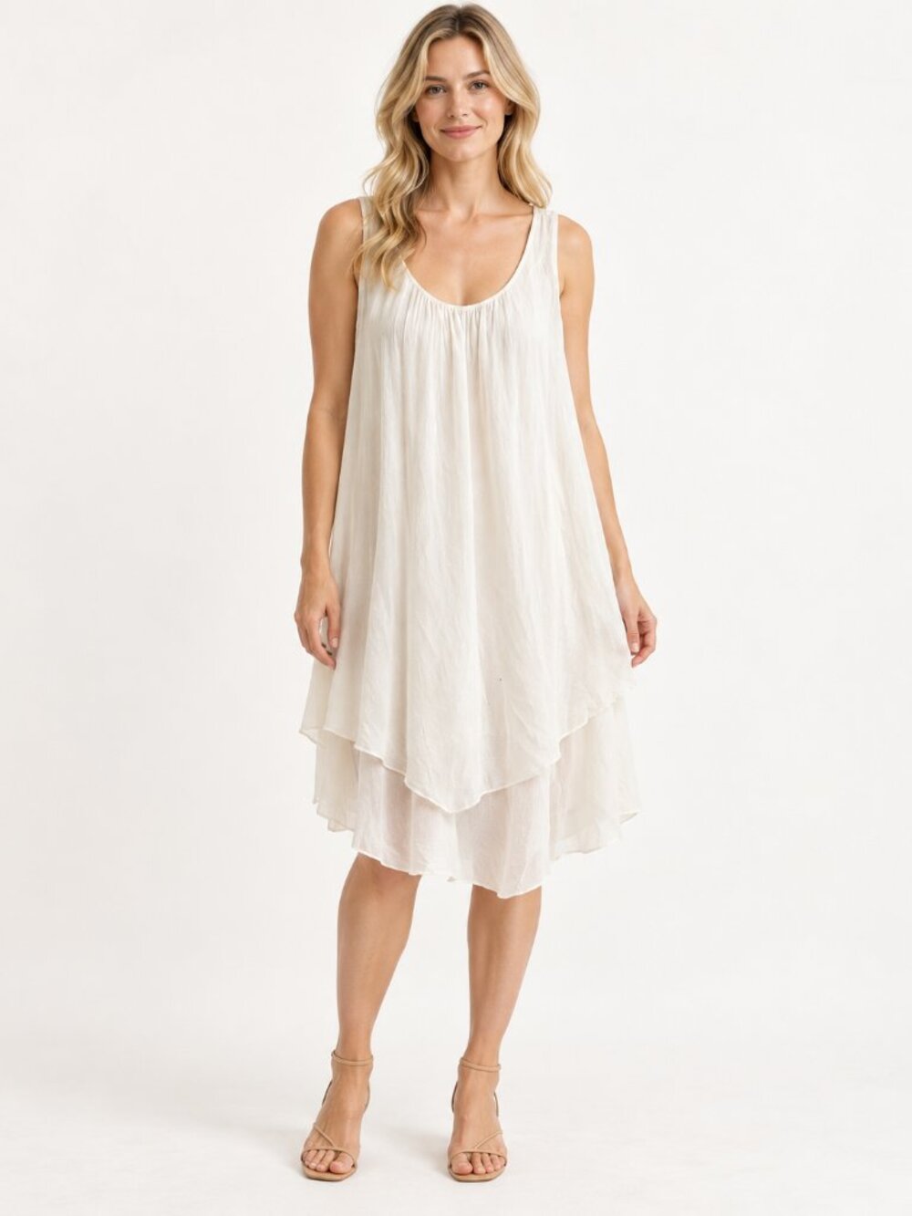 Allegra Dress Double Layered Classic Sleeveless Silk Beige Sz. M